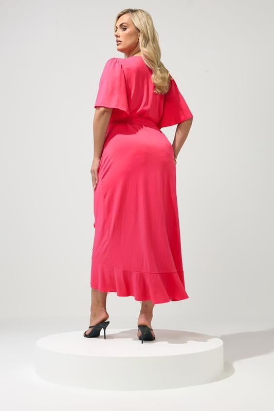YOURS LONDON Plus Size Hot Pink Short Sleeve Ruffle Wrap Maxi Dress | Yours Clothing 4