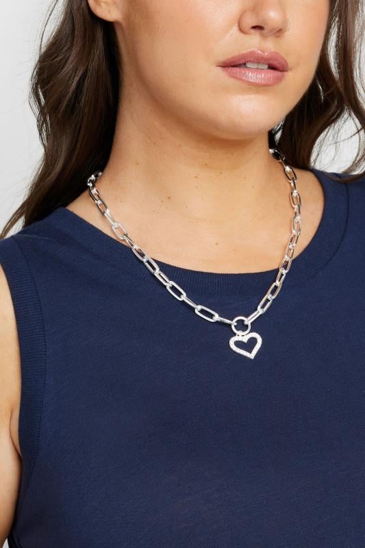 Silver Tone Chain Diamante Heart Necklace | Yours Clothing  1