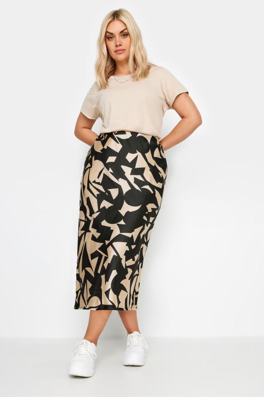 YOURS Plus Size Black & Beige Brown Abstract Print Satin Midi Skirt | Yours Clothing  2