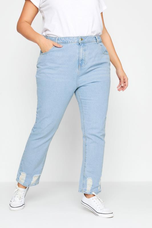 Plus Size Light Blue Ripped Hem Straight Leg Jeans | Yours Clothing 1