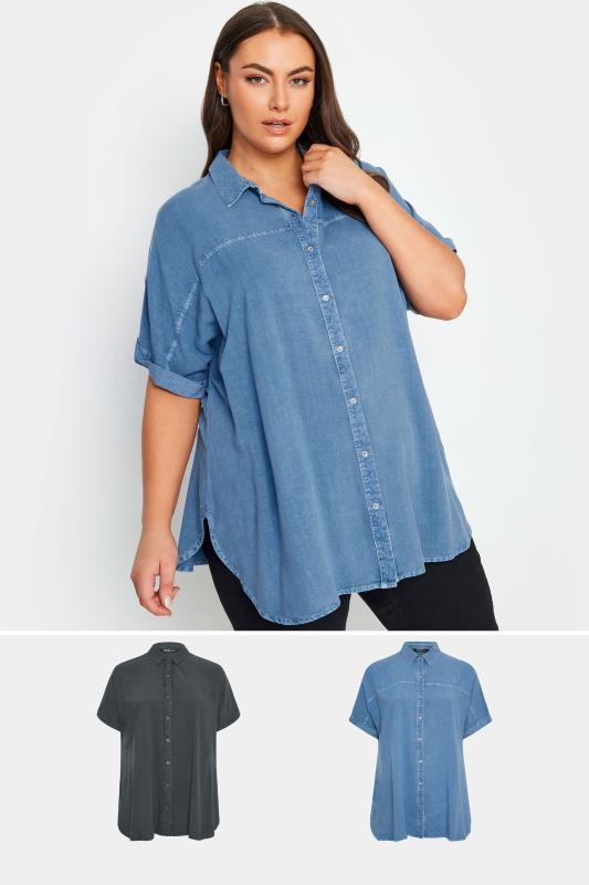 YOURS 2 PACK Plus Size Blue & Black Chambray Shirts | Yours Clothing 1