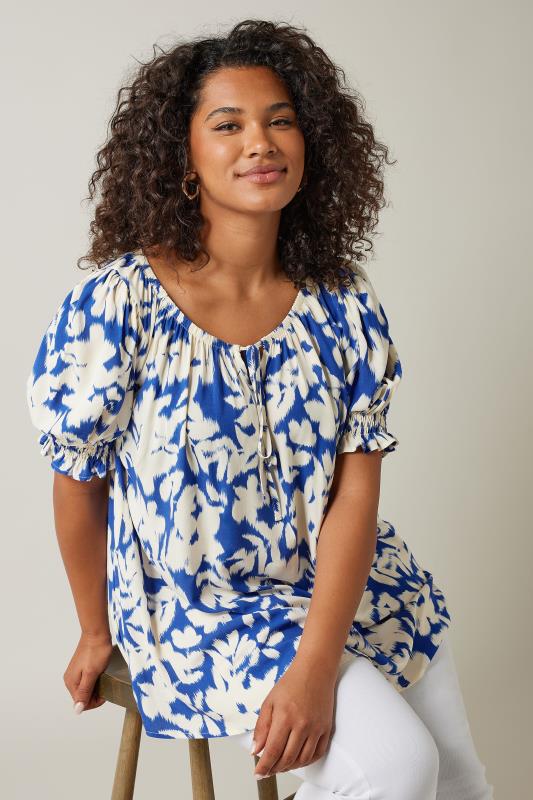 EVANS Plus Size Blue Floral Blur Print Tie Front Top | Evans 1