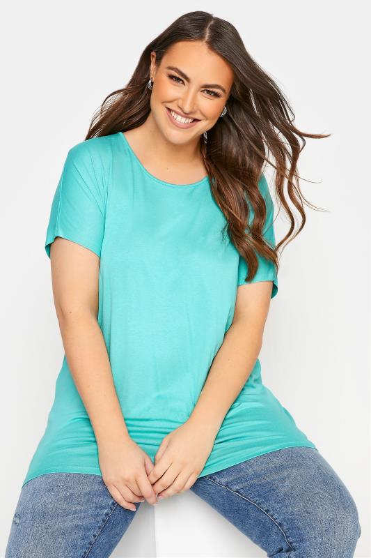 Plus Size  YOURS Curve Bright Turquoise Blue Grown On Sleeve T-Shirt