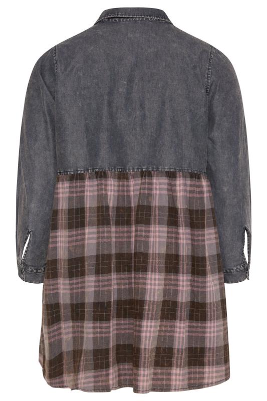 Plus Size Grey & Pink Check Print Peplum Denim Shirt | Yours Clothing 7