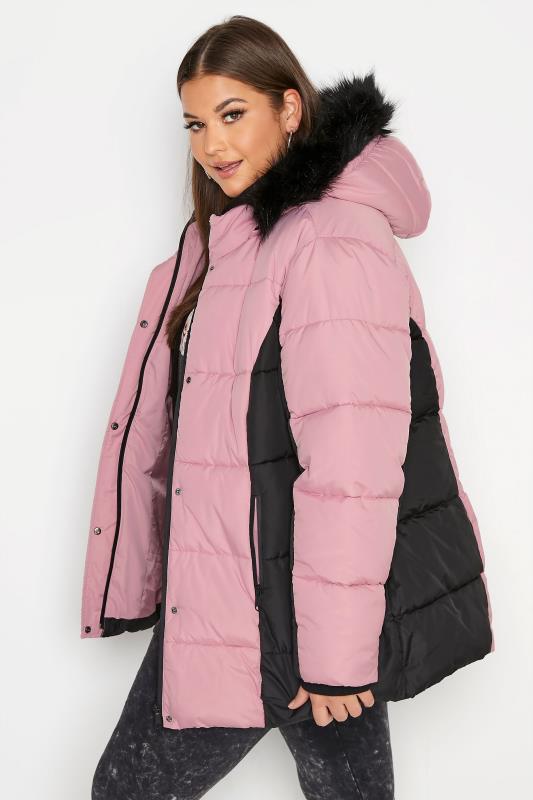 Plus Size Pink & Back Colour Block Padded Puffer Coat | Yours Clothing 1