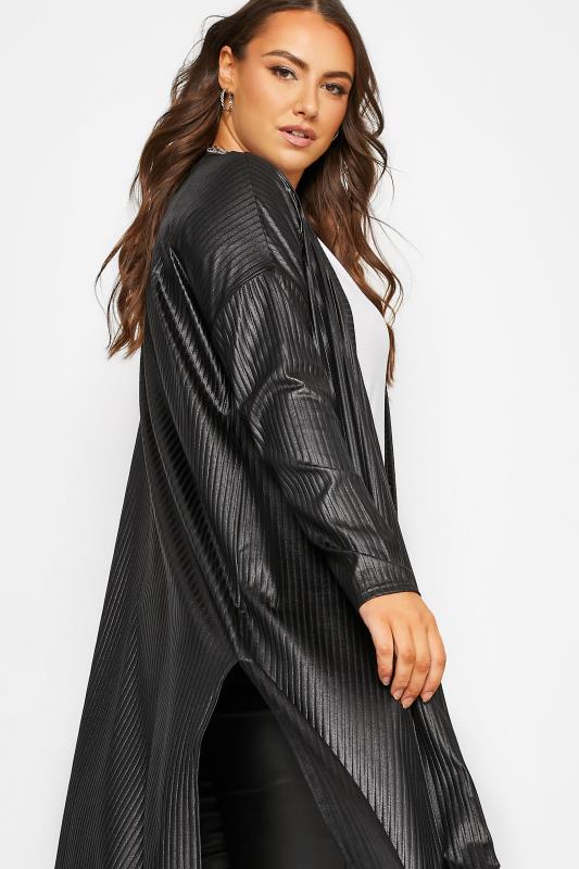 Plus Size Curve Black Wet Look Ribbed Maxi Cardigan | Yours Clothing 4