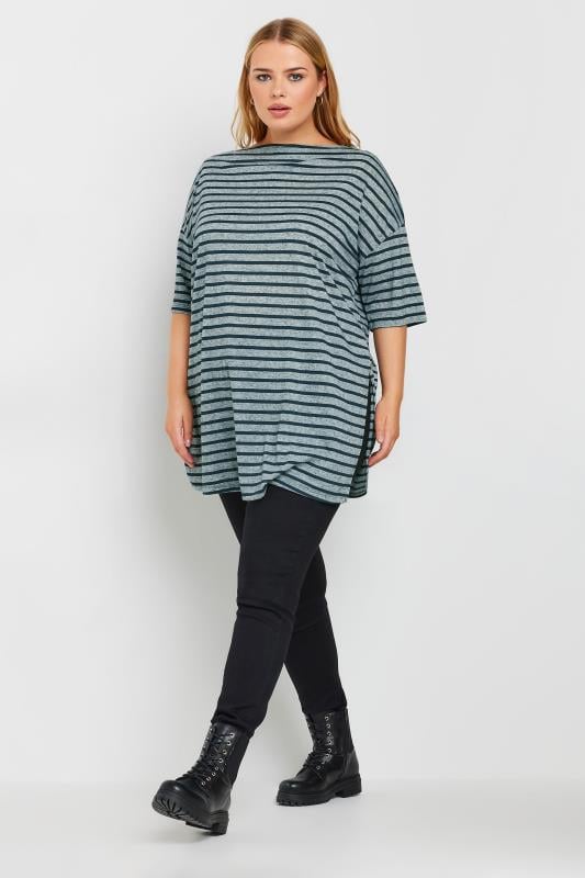 YOURS Plus Size Blue Stripe Oversized Linen T-Shirt | Yours Clothing 3