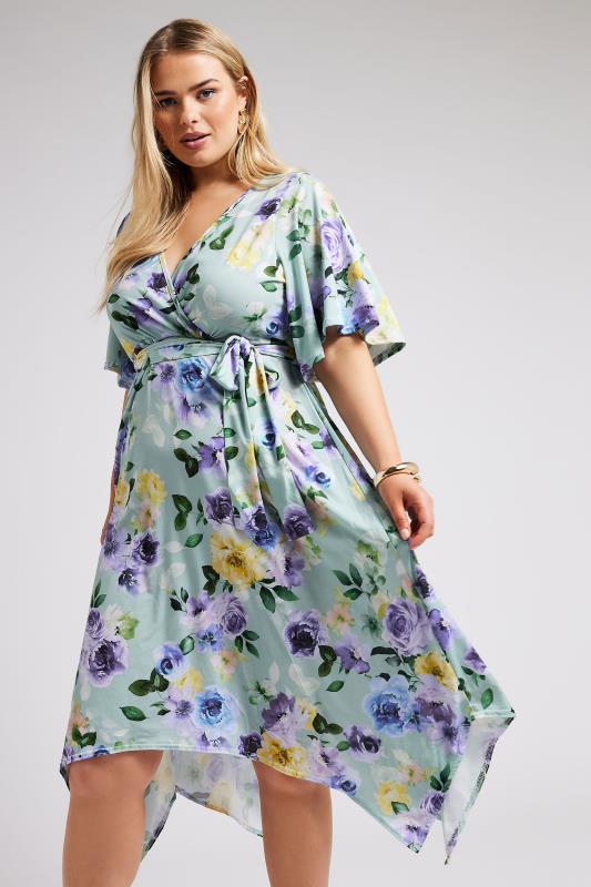  Tallas Grandes YOURS LONDON Curve Sage Green Floral Print Hanky Hem Wrap Dress