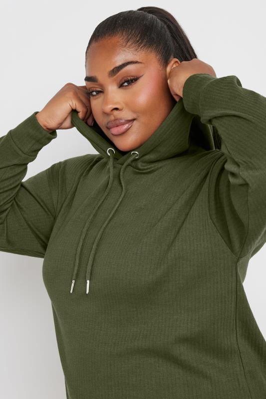 YOURS Plus Size Khaki Green Ribbed Hoodie Yours Clothing