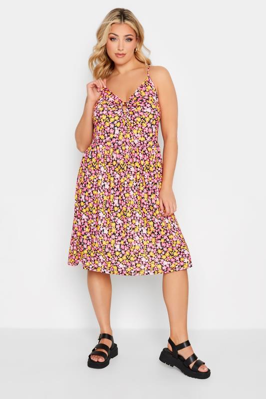 LIMITED COLLECTION Plus Size Pink Floral Print Ring Front Midi Dress | Yours Clothing 1