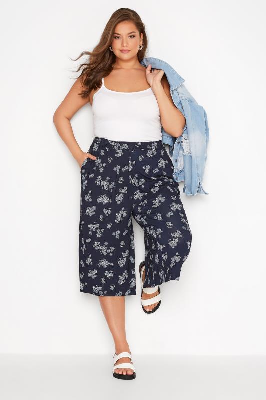 Plus Size Blue Floral Print Jersey Culottes | Yours Clothing 2