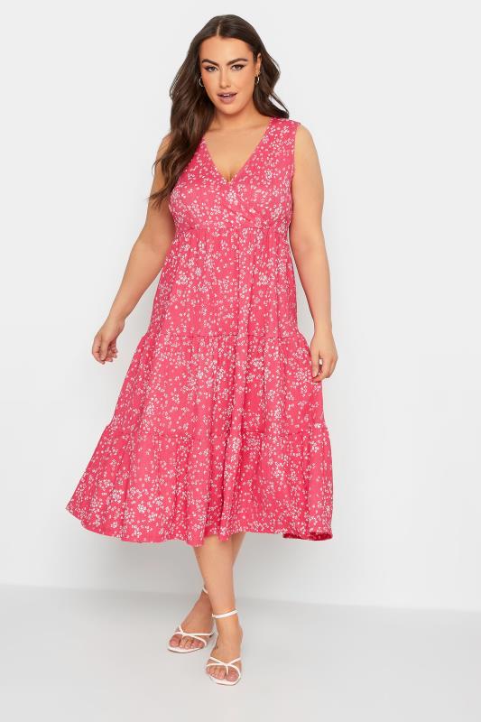 YOURS Plus Size Pink Ditsy Print Smock Midaxi Wrap Dress | Yours Clothing 2