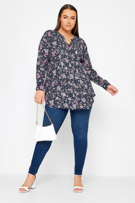 YOURS Plus Size Navy Blue Floral Print Pintuck Blouse | Yours Clothing