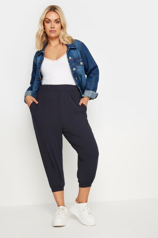 YOURS Plus Size Navy Blue Cropped Harem Joggers | Yours Clothing 1