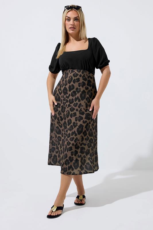 LIMITED COLLECTION Plus Size Brown Leopard Print Mixed Dress | Yours Clothing 1