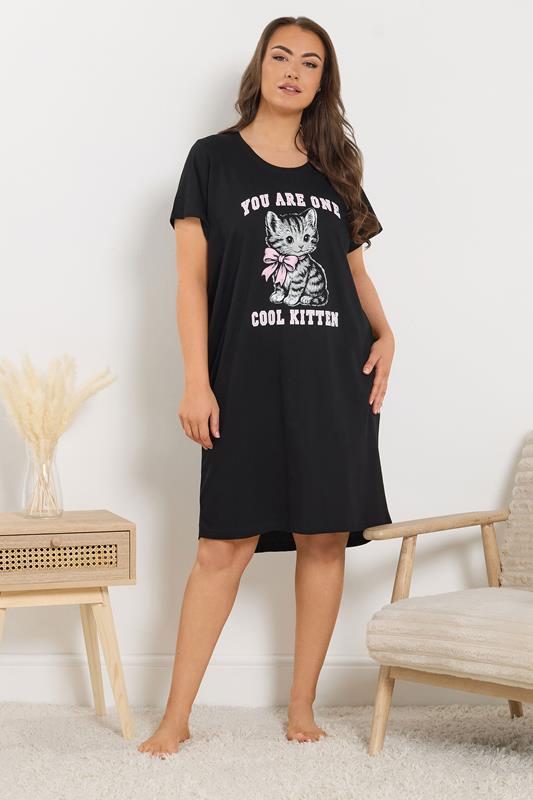 YOURS Plus Size Black 'You Are One Cool Kitten' Dipped Back Nightdress | Yours Clothing 1