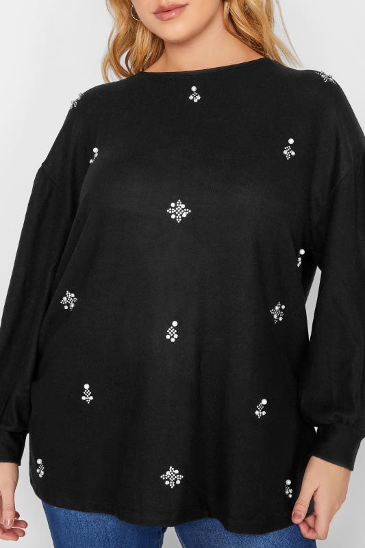 YOURS LUXURY Curve Black Pearl & Stud Embellished Soft Touch Puff Sleeve Top | Yours Clothing 5
