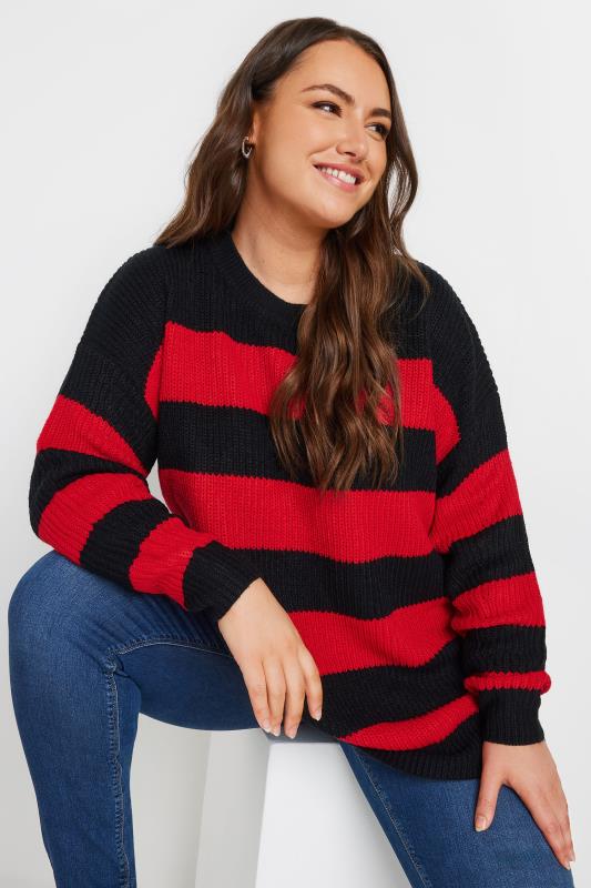 YOURS Plus Size Black Red Stripe Knitted Jumper Yours Clothing