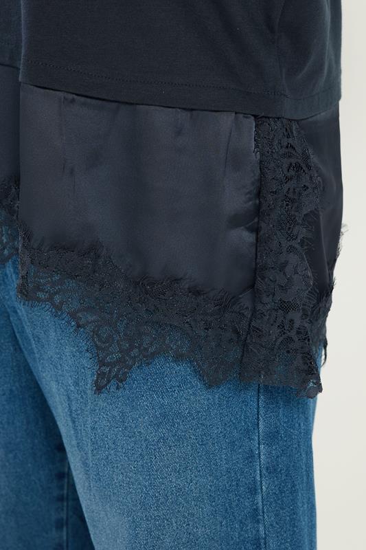 YOURS Plus Size Navy Blue Satin Lace Trim T-Shirt | Yours Clothing 4