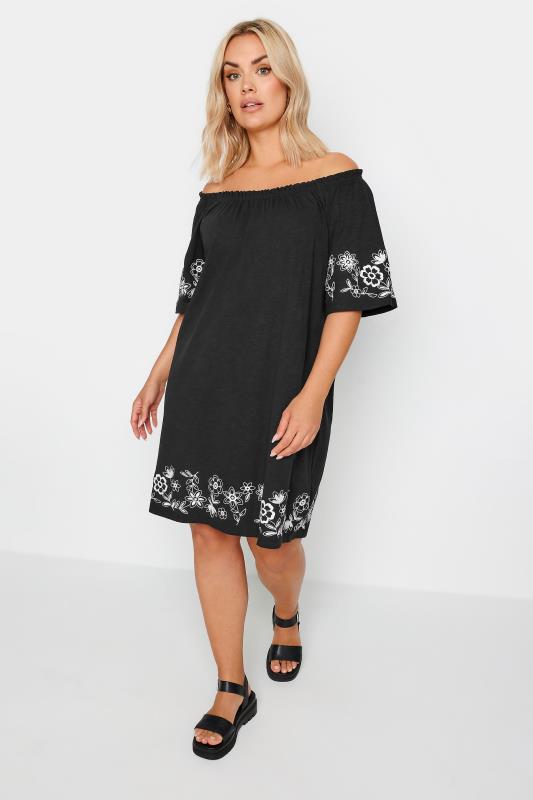 YOURS Plus Size Black Embroidered Bardot Midi Dress | Yours Clothing 1