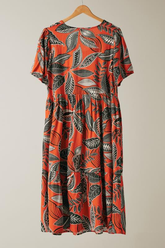 EVANS Plus Size Orange Leaf Print Linen Midi Dress | Evans 6