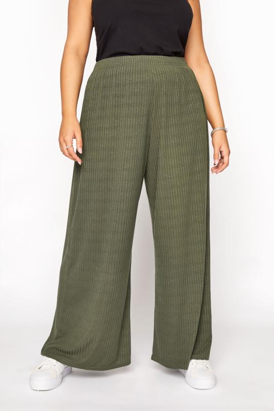 Plus Size  LIMITED COLLECTION Khaki Ribbed Wide Leg Trousers