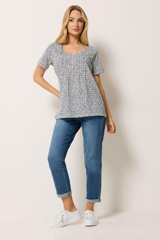 M&Co Navy Blue Floral Cotton Henley Top | M&Co 1