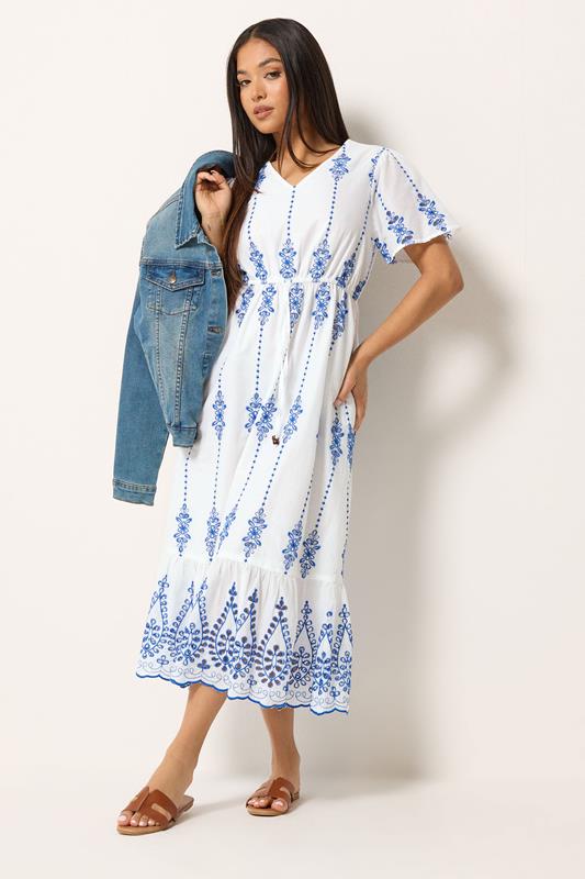 M&Co Petite White & Blue Broderie Cotton Dress | M&Co 1