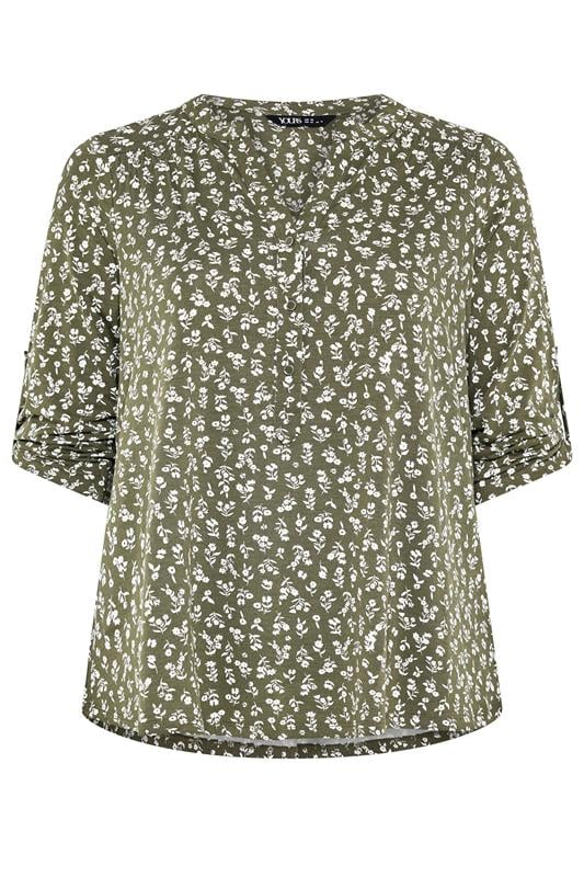 YOURS Plus Size Khaki Green Ditsy Floral Top | Yours Clothing 5
