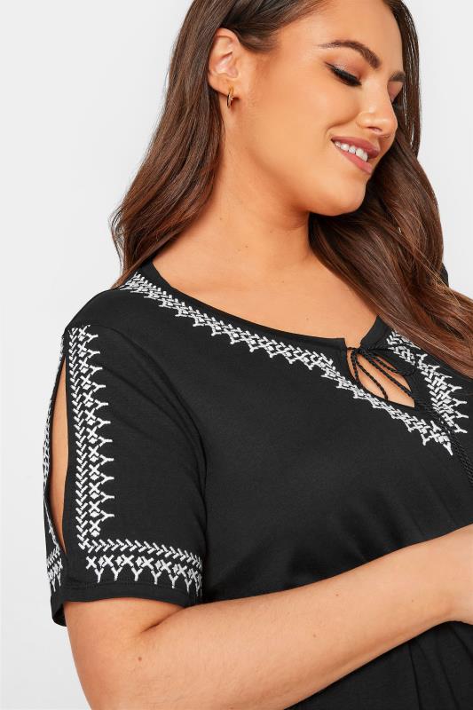 Plus Size Black Aztec Embroidered Cold Shoulder Top | Yours Clothing 4