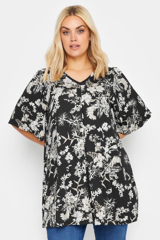Plus Size  YOURS Curve Black Floral Print Angel Sleeve Top