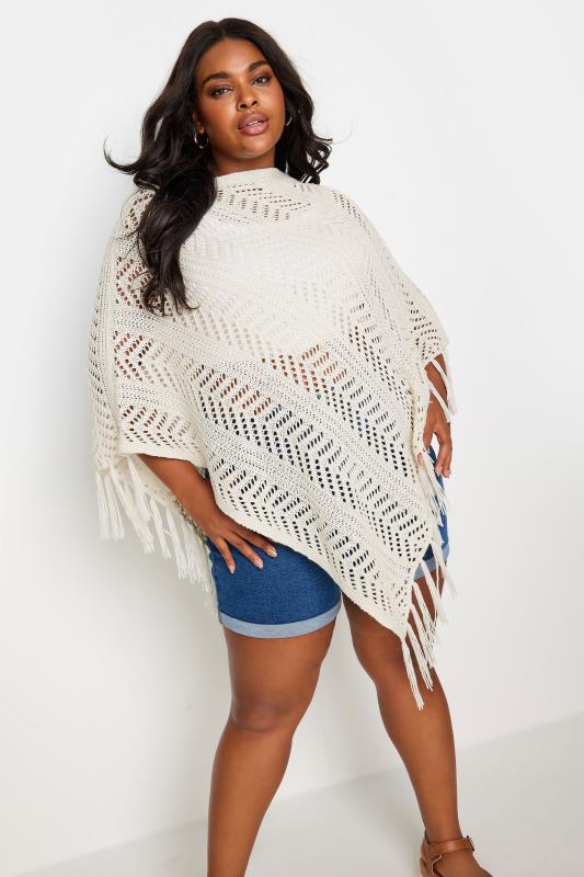 YOURS Plus Size Cream Pointelle Knitted Poncho | Yours Clothing 4
