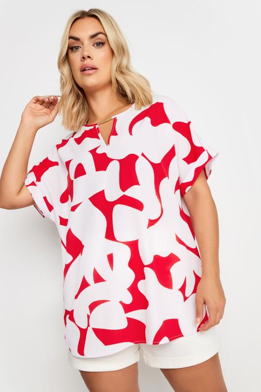 YOURS Plus Size Red Abstract Print Notch Neck Blouse | Yours Clothing 1