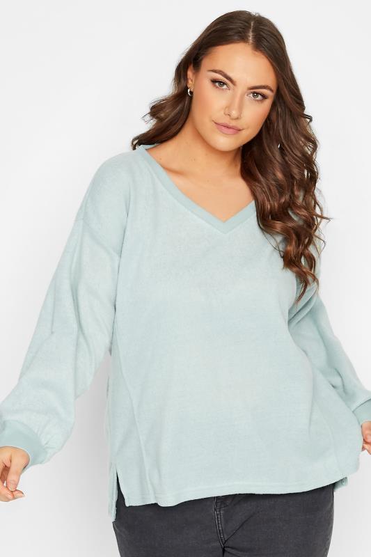 Plus Size Mint Green V-Neck Soft Touch Fleece Sweatshirt | Yours Clothing 1