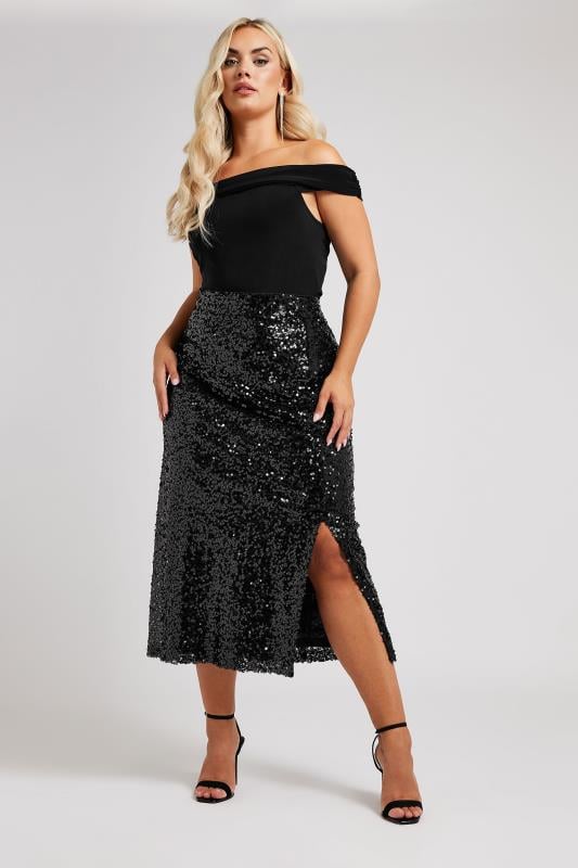 Plus Size  YOURS LONDON Curve Black Sequin Embellished Maxi Skirt