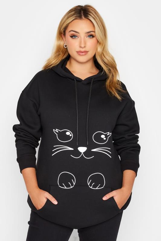 Plus Size Black Cat Graphic Print Hoodie | Yours Clothing 1