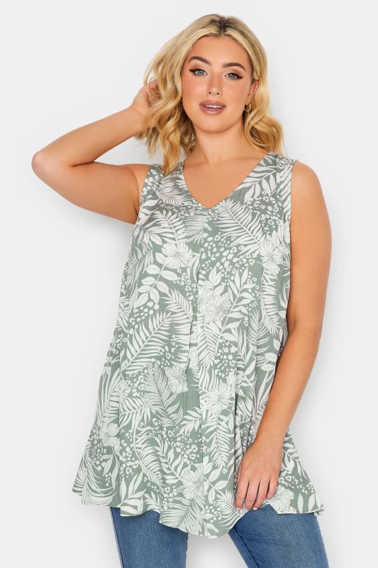 YOURS Plus Size Green Tropical Print Pleat Front Vest Top | Yours Clothing 1