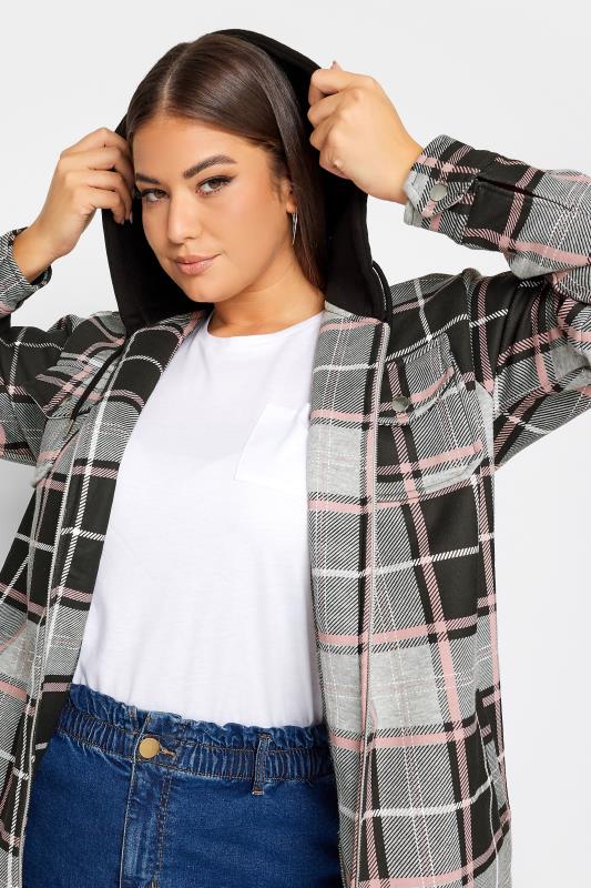 YOURS Plus Size Black & Pink Check Hooded Shacket | Yours Clothing 4