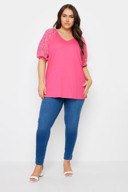 YOURS Plus Size Pink Broderie Anglaise Sleeve T-Shirt | Yours Clothing 2