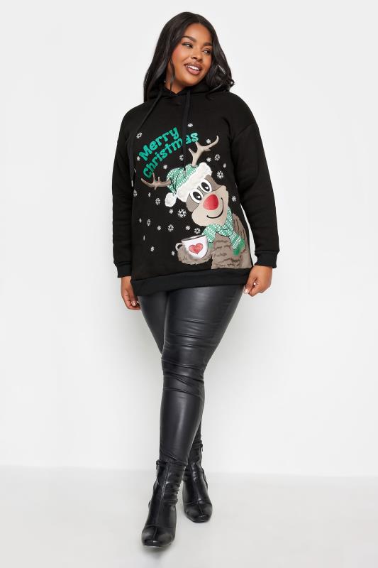 YOURS Plus Size Black 'Merry Christmas' Reindeer Print Hoodie | Yours Clothing 2