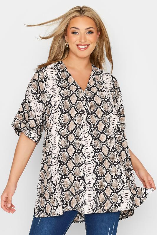 Plus Size Grey Snake Print Pleat Front V-Neck Top | Yours Clothing 1