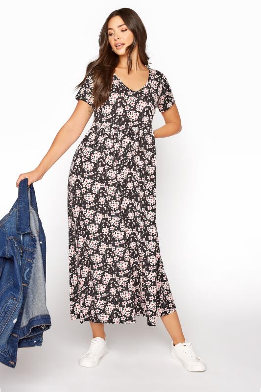 LTS Tall Black Floral Print Jersey Midi Dress 2