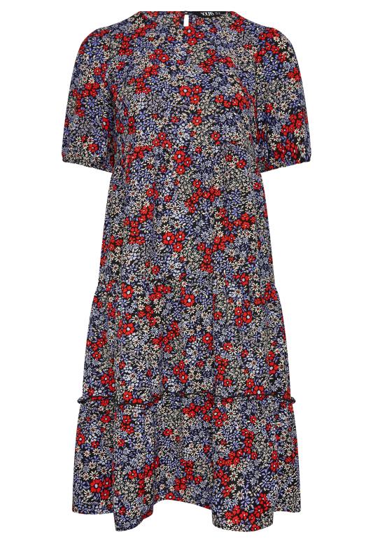 YOURS Curve Plus Size Blue & Red Floral Short Sleeve Midi Dress | Yours Clothing  6