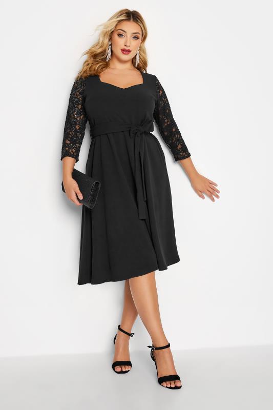  Grande Taille YOURS LONDON Curve Black Sequin Lace Sleeve Skater Dress