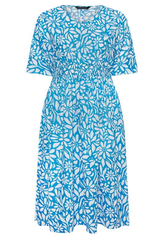YOURS Plus Size Blue Floral Print Linen Shirred Midaxi Dress | Yours Clothing 5