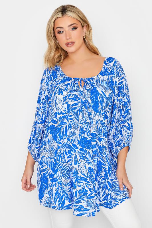 YOURS Plus Size Blue Leaf Print Tie Neck Top | Yours Clothing 1