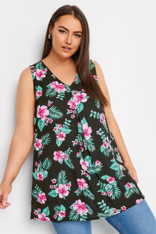 YOURS Plus Size Black Tropical Print Sleeveless Blouse | Yours Clothing 1