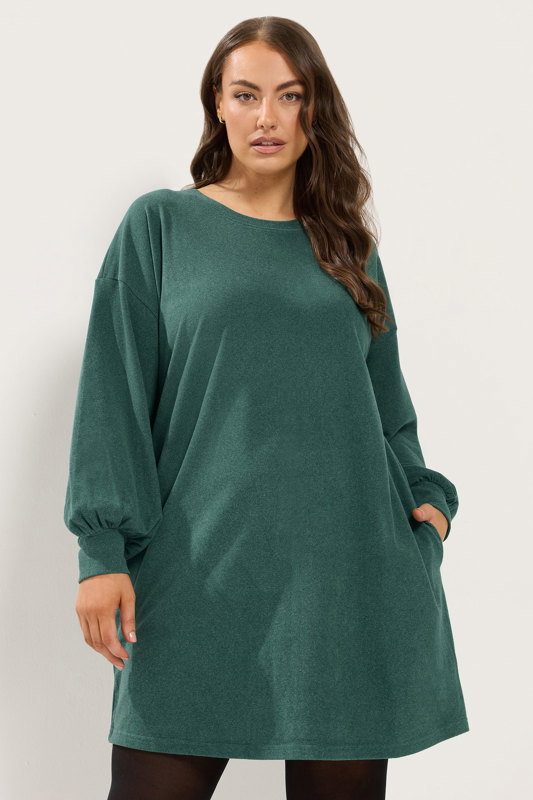 balloon sleeve green dress YOURS Plus Size Festive sequin dress with puff sleeves for celebrations