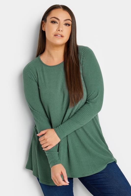 Plus Size  YOURS Curve Dark Green Ribbed Swing T-Shirt