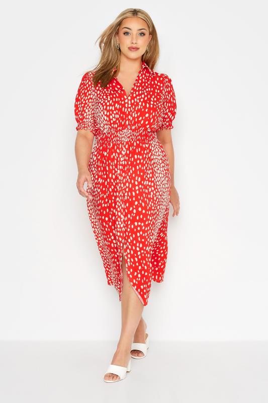 YOURS LONDON Curve Red Dalmatian Print Shirred Waist Dress_A.jpg